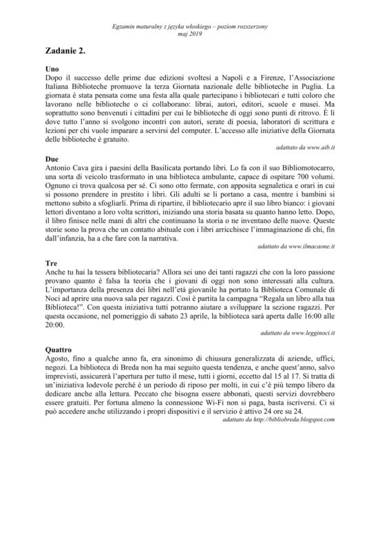 ARKUSZE CKE - Matura j. włoski - poziom rozszerzony 2019