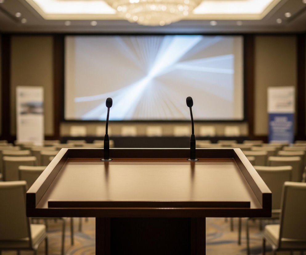 W centrum obrazu znajduje się ciemnobrązowa mównica z dwoma czarnymi mikrofonami skierowanymi do przodu. Za mównicą rozciąga się przestronna sala konferencyjna, wypełniona rzędami pustych krzeseł z jasnymi, beżowymi tapicerkami, ustawionymi symetrycznie po obu stronach centralnego przejścia. Na końcu sali widać duży, podświetlony ekran projekcyjny, na którym wyświetlany jest abstrakcyjny, biało-szary wzór z promienistymi liniami. Nad ekranem, u sufitu, zawieszony jest duży, kryształowy żyrandol, a po bokach sali, na ścianach, wiszą białe i niebieskie plakaty.