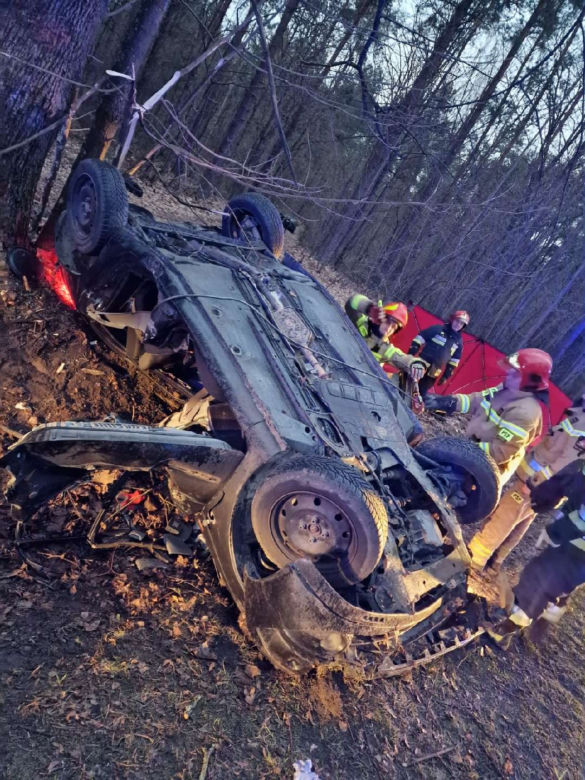 Makabra pod Lipskiem. Renault dachował i roztrzaskał się na drzewie