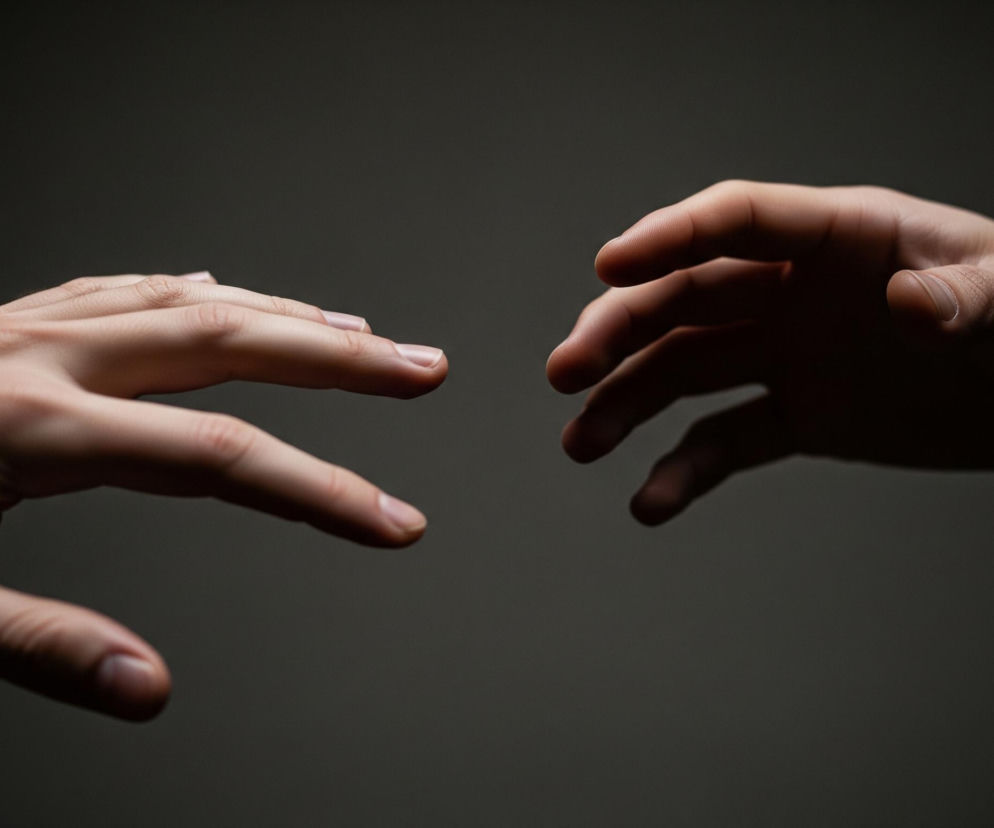 Dwie dłonie o jasnej karnacji wyciągają się ku sobie na ciemnoszarym tle. Lewa dłoń, położona bliżej obiektywu, jest otwarta, z palcami lekko rozstawionymi i skierowanymi w prawo. Prawa dłoń, nieco dalej i bardziej zacieniona, jest również otwarta, z palcami zgiętymi, jakby przygotowywała się do chwycenia. Jasne światło pada na wierzch obu dłoni, tworząc wyraźne cienie i uwydatniając fakturę skóry.