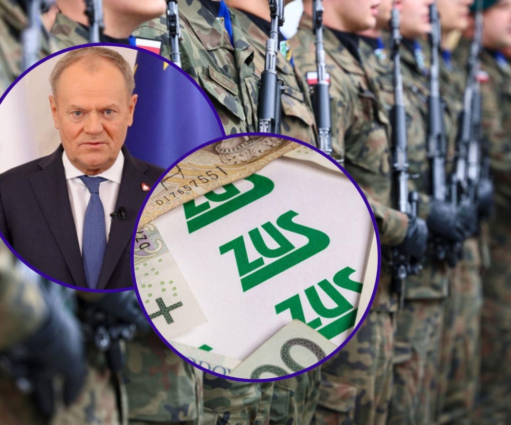 Donald Tusk i logo ZUS na tle żołnierzy w mundurach, ilustrujące zmiany w emeryturach mundurowych, które mogą przywrócić byłym funkcjonariuszom nawet 250 tys. zł składek. Więcej o reformach przeczytasz na Super Biznes.