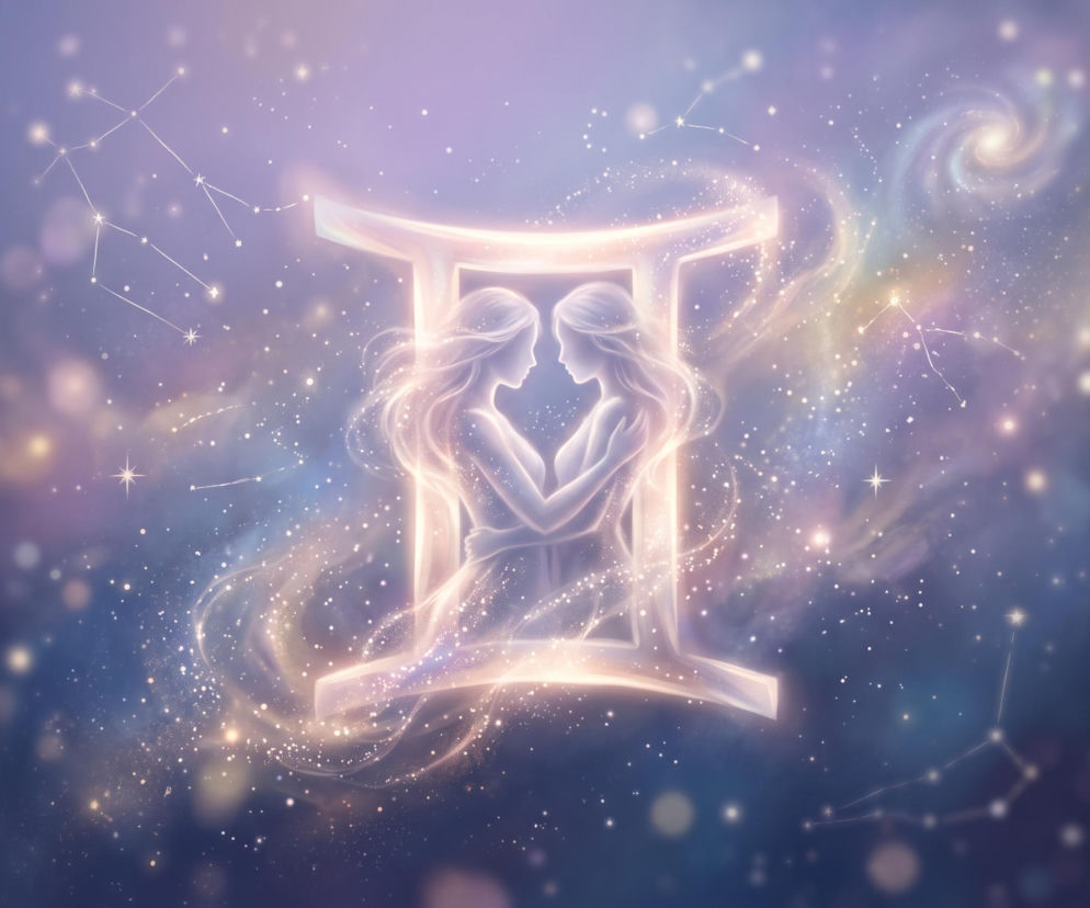 Dwie świetliste postaci kobiet wpisane w znak zodiaku Bliźnięta na tle kosmosu. O horoskopie przeczytasz na Eska.