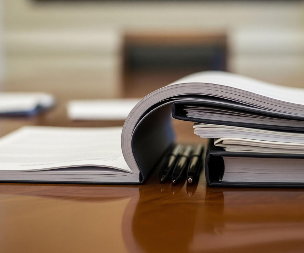 Na gładkim, brązowym, błyszczącym stole leżą otwarte i zamknięte książki lub opasłe dokumenty. Po lewej stronie widać otwartą książkę z grubą, czarną okładką i białymi kartkami z tekstem, natomiast po prawej znajduje się stos dwóch lub trzech zamkniętych, czarnych książek, a na nich ułożona jest kolejna otwarta książka. Między otwartymi książkami leżą trzy czarne długopisy z błyszczącymi, metalowymi końcówkami. Tło jest rozmyte, ale sugeruje jasne wnętrze z meblami w odcieniach brązu i beżu.