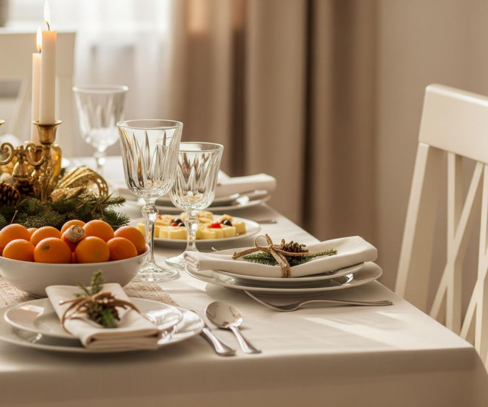 Na stole przykrytym jasnym obrusem widoczne są nakrycia dla kilku osób. W centrum stołu znajduje się złoty świecznik z trzema zapalonymi świecami, obok niego leży wieniec z gałązek iglastych i złotych bombek. Na stole stoją również misy z mandarynkami i talerze z przekąskami, a przy każdym nakryciu elegancko złożona serwetka przewiązana sznurkiem z gałązką i szyszką. W tle widać jasne zasłony i oparcie białego krzesła z ozdobnymi, skrzyżowanymi szczebelkami.