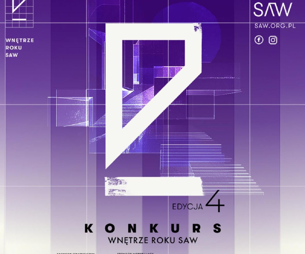 Fioletowy plakat 4. edycji Konkursu Wnętrze Roku SAW z logotypami sponsorów. O nagrodach przeczytasz na Architektura.