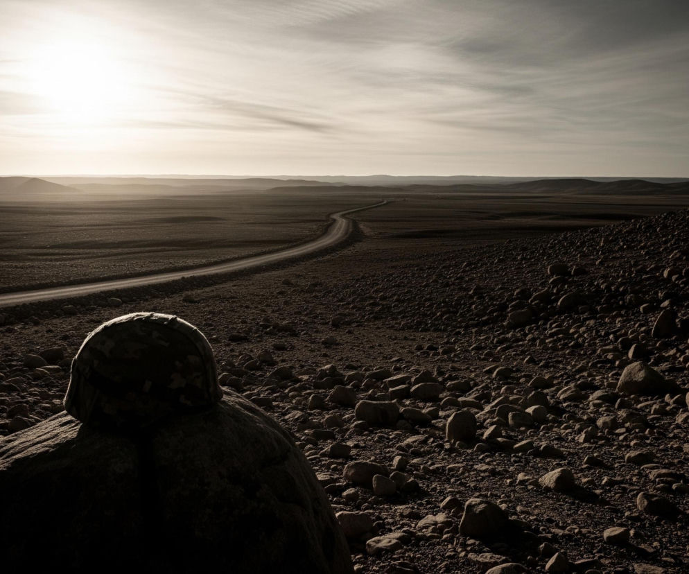Na pierwszym planie, z lewej strony, wznosi się duży, ciemny kamień, na którym spoczywa wojskowy hełm z wzorem kamuflażu, częściowo oświetlony od tyłu, tworząc wyraźny kontur. Krajobraz rozciąga się w bezkresną, kamienistą pustynię, utrzymaną w monochromatycznych odcieniach sepii i szarości, z wijącą się drogą, która prowadzi w dal i zanika na horyzoncie. Słońce, intensywnie jasne i rozmyte, znajduje się po lewej stronie obrazu, rzucając długie cienie i oświetlając niebo z widocznymi warstwami chmur.