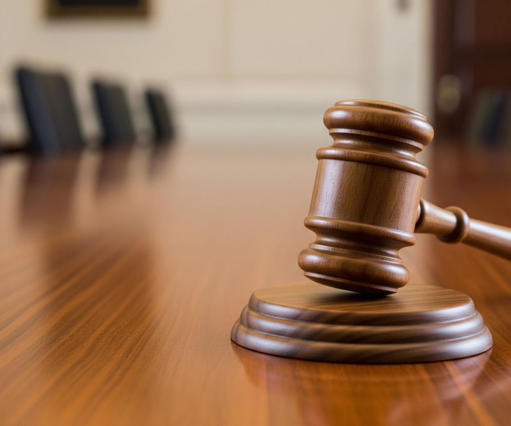 Drewniany młotek sędziowski spoczywa na owalnej podstawie, umieszczony po prawej stronie błyszczącego, brązowego stołu o gładkiej powierzchni. Obok młotka leży jego rączka, skierowana w prawą stronę. W tle, rozmyte krzesła z ciemnymi oparciami ustawione są wokół stołu, a za nimi widoczna jest jasna ściana.