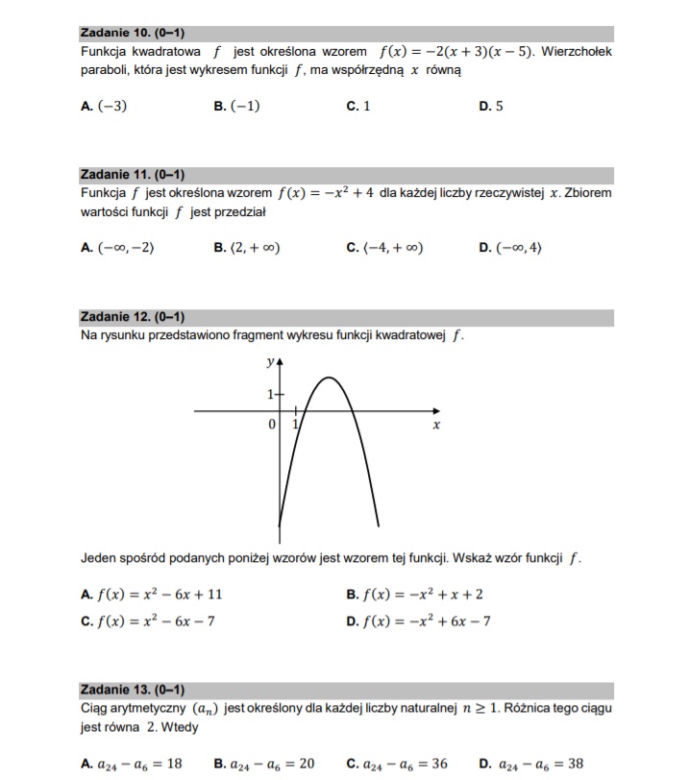 Matura poprawkowa z matematyki 2021 - zadania zamknięte 10-13 (1 punkt)