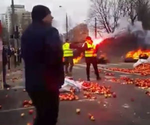 Protesty rolników w Warszawie. Palenie opon i świńskie łby na placu Zawiszy
