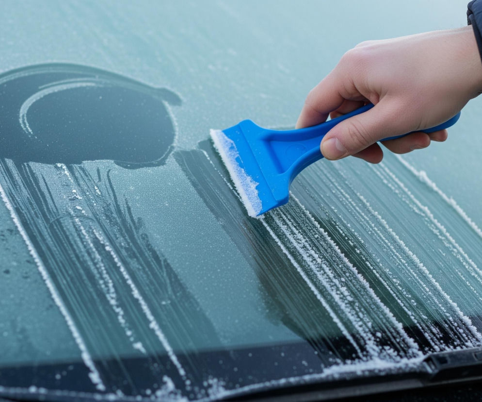 Prawa dłoń z jasną skórą, w rękawie ciemnoniebieskiej kurtki, trzyma niebieską skrobaczkę do szyb, usuwając szron z przedniej szyby pojazdu. Lewa część szyby jest wciąż pokryta cienką warstwą białego szronu, natomiast prawy dolny obszar został już częściowo oczyszczony, pozostawiając za sobą wyraźne ślady od skrobaczki oraz nagromadzone płatki lodu u podstawy szyby. W górnej lewej części oczyszczonej powierzchni widać zakrzywiony ślad, prawdopodobnie od wcześniejszego ruchu skrobaczki, a cały widok koncentruje się na procesie usuwania lodu.