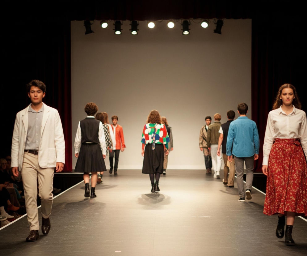 Młody mężczyzna w kremowej marynarce i beżowych spodniach oraz młoda kobieta w białej koszuli i długiej, czerwonej spódnicy w białe kwiaty, idą w przeciwnych kierunkach po ciemnym wybiegu. Za nimi, w perspektywie, idą inne osoby w różnorodnych, casualowych strojach. Na krańcach sceny, po bokach wybiegu, siedzi publiczność w zacienionym pomieszczeniu. W tle znajduje się białe tło z rzędem reflektorów u góry.
