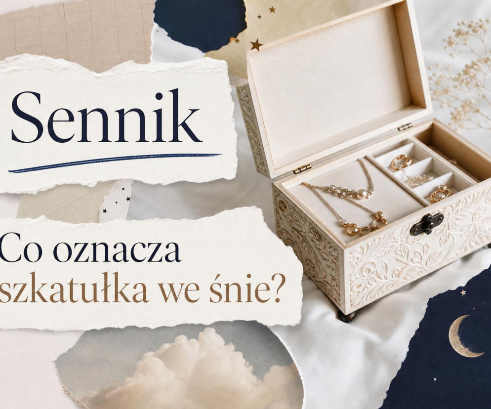 Otwarta ozdobna szkatułka z biżuterią na tle grafik chmur i księżyca. O znaczeniu snu przeczytasz na SE.