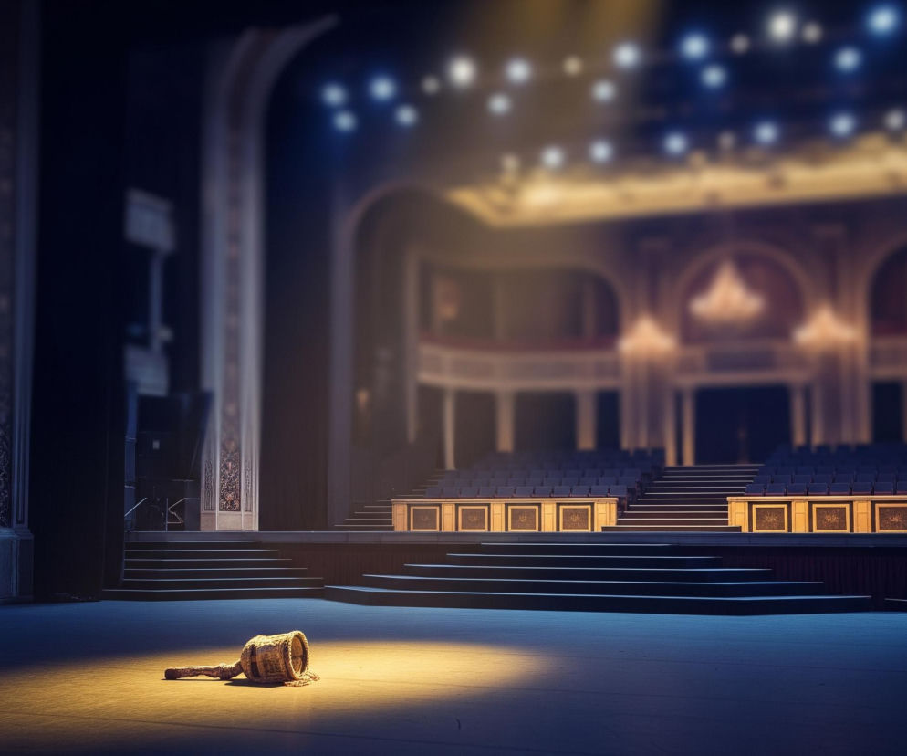 Na pierwszym planie, w dolnej części obrazu, leży przewrócony drewniany młotek o plecionej główce, oświetlony jasnym, żółtym reflektorem na ciemnej scenie. Scena, w kolorze ciemnoniebieskim, rozciąga się w głąb obrazu, gdzie widoczne są szerokie schody prowadzące do rzędów pustych, ciemnych krzeseł. W tle, częściowo rozmyte, znajdują się bogato zdobione elementy architektoniczne, w tym kolumny i łuki, a także słabo widoczne balkony i oświetlenie sufitowe emitujące niebieskawe światło.
