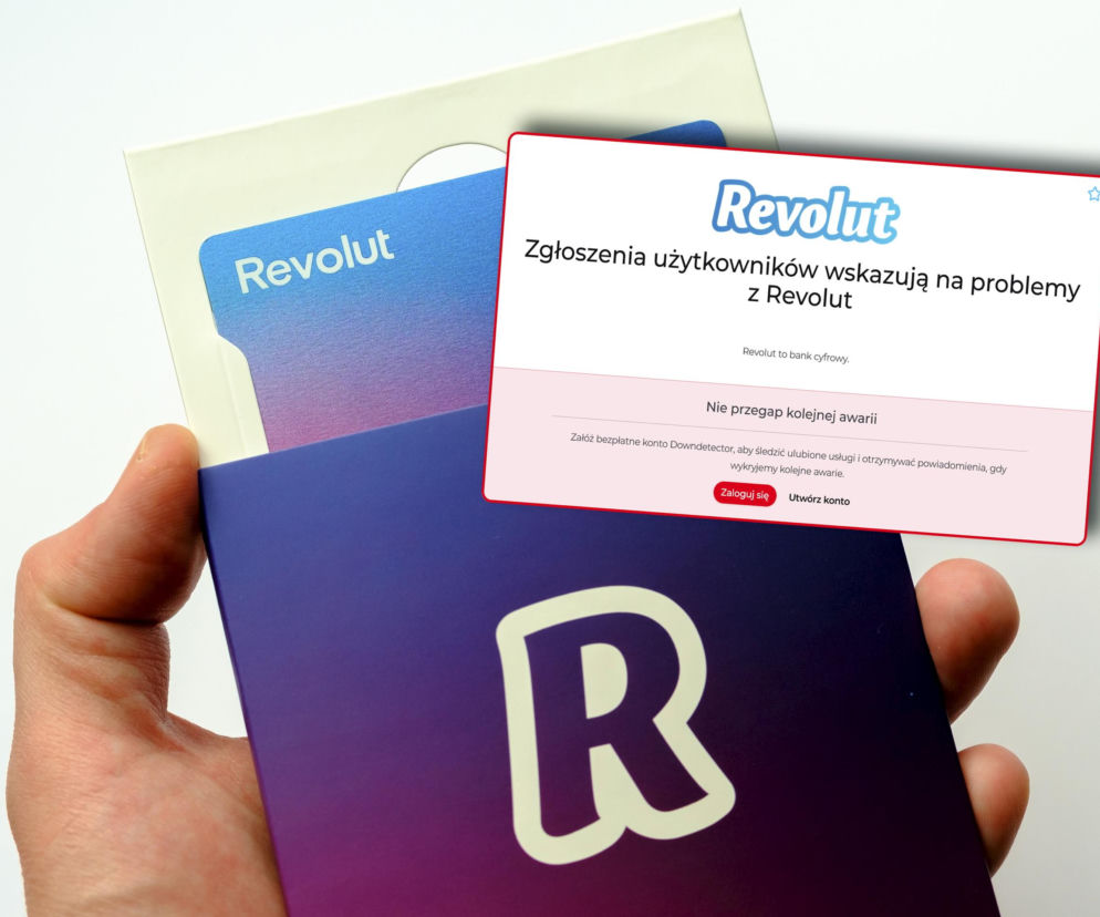 Dłoń trzyma kartę Revolut. Na wstawce komunikat o awarii serwisu. O problemach z aplikacją przeczytasz na SE Superbiz.