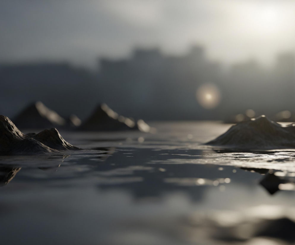 Na pierwszym planie, z lewej strony, widać kilka niewielkich, skalistych wysepek lub formacji wystających z ciemnej, spokojnej wody. Wysepki mają nieregularne, spiczaste kształty, a ich powierzchnia jest chropowata i matowa, odbijająca delikatne światło. Woda jest ciemnoszara, a jej gładka tafla odbija zamazane, jasne plamy. W tle, za wysepkami, rozciąga się miejski pejzaż z niewyraźnymi konturami wysokich budynków, zalanych przez jasne, rozproszone światło zachodzącego lub wschodzącego słońca, tworzące poświatę w prawym górnym rogu.