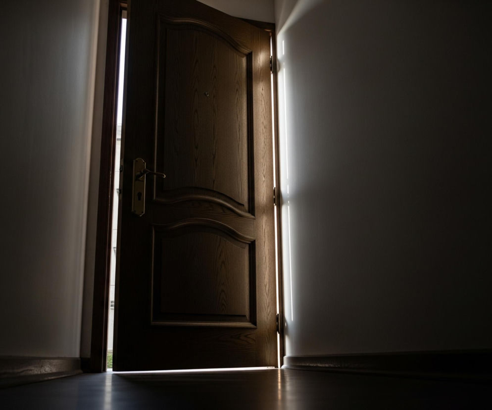 Częściowo otwarte, ciemnobrązowe drzwi z elementami ozdobnymi i złotą klamką, wychodzą z prawej strony kadru, a ich futryna leży pośrodku. Wzdłuż lewej krawędzi drzwi i pod nimi, między podłogą, widoczne są intensywne smugi jasnego, białego światła. Po obu stronach drzwi rozpościerają się ciemne ściany w odcieniach szarości, z wyraźnie widocznymi, ciemniejszymi listwami przypodłogowymi. Górna część kadru jest ciemna, a dolna, to ciemna podłoga odbijająca światło.