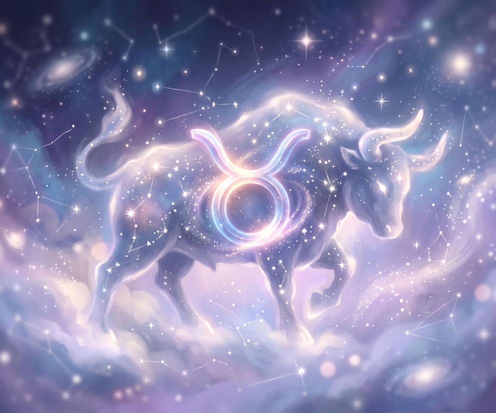 Świecąca sylwetka byka na tle gwieździstego nieba z symbolem zodiaku. O horoskopie dla Byka przeczytasz w Eska.