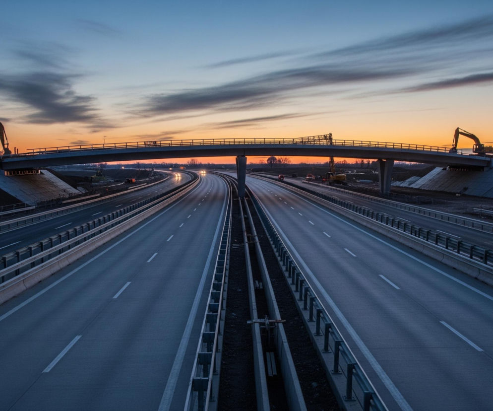 Dwupasmowa autostrada biegnie prosto przez środek kadru, dzielona pasem zieleni i metalowymi barierami. Nad nią wznosi się szeroki, betonowy wiadukt z metalową barierką po obu stronach, pod którym przejeżdżają samochody z włączonymi światłami, pozostawiając świetliste smugi. Na tle pomarańczowo-niebieskiego nieba zachodzącego słońca, po obu stronach wiaduktu, widoczne są ciężkie maszyny budowlane, takie jak koparki i dźwigi, umieszczone na usypanych, ciemnych wzniesieniach. Droga jest szara z białymi liniami, a w tle widać ciemne sylwetki drzew i horyzont.