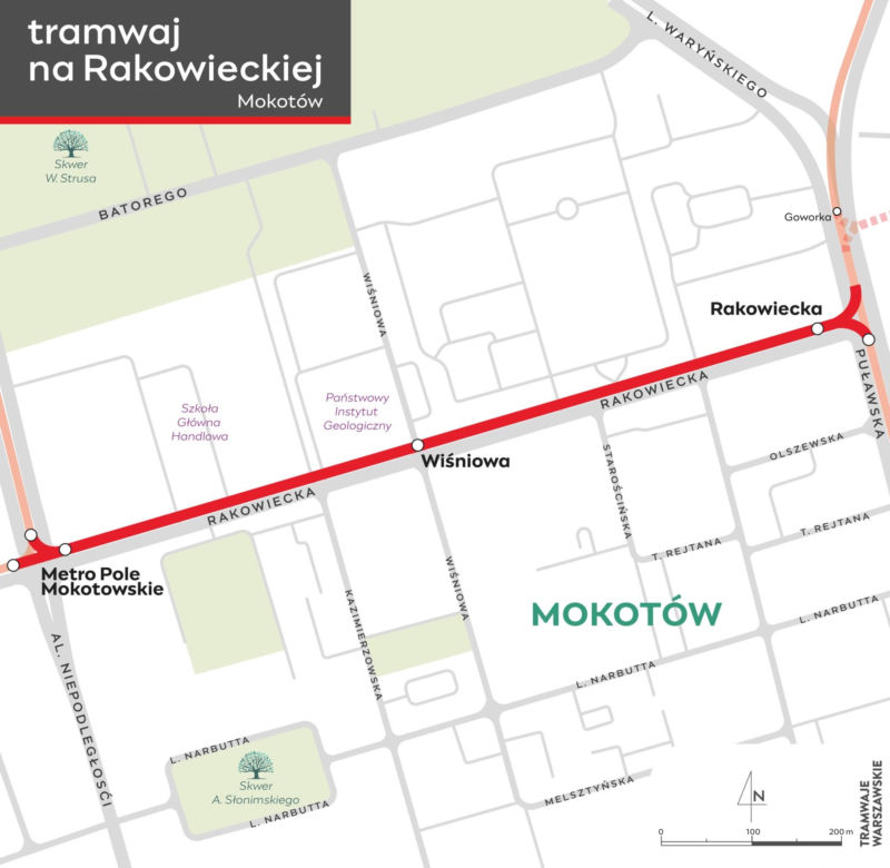 Tramwaj na Rakowieckiej w Warszawie – mapa