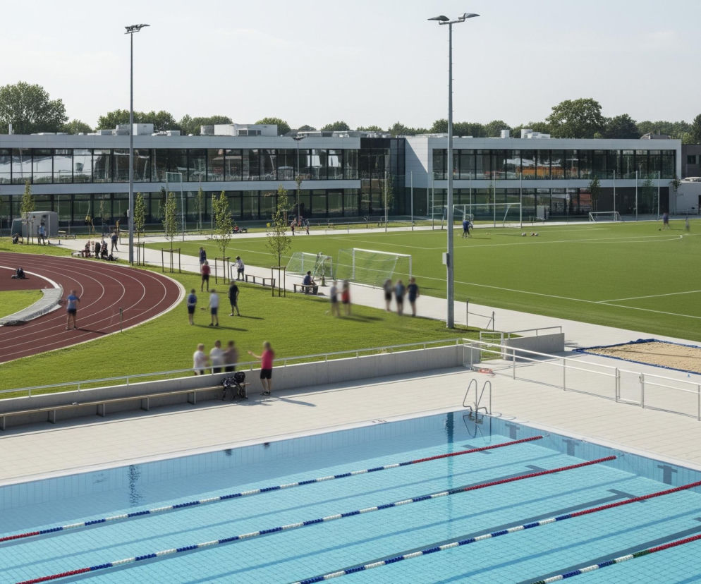 Rozległy kompleks sportowy pod jasnym, bezchmurnym niebem. Na pierwszym planie widać prostokątny basen z jasnoniebieskimi kafelkami i torami oddzielonymi linkami w kolorach czerwonym, niebieskim, zielonym i białym. Przy basenie znajduje się beżowa posadzka z barierkami i ławkami, a dalej piaskownica oraz sztuczna trawiasta murawa boiska do piłki nożnej z białymi liniami i bramkami. Za boiskiem rozciąga się dwupoziomowy budynek z dużymi, przeszklonymi oknami odbijającymi otoczenie oraz fragmentem brązowej cegły na dole, a w tle widać ciemnozielone drzewa i fragmenty innych budynków. Całość oświetlają wysokie, metalowe latarnie, a na różnych elementach kompleksu, w tym na bieżni, murawie i przy ławkach, znajdują się rozmazane sylwetki osób, co sugeruje ruch lub dużą odległość.