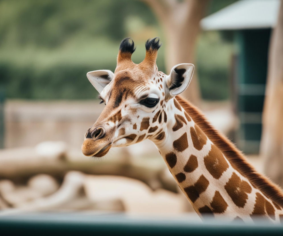 Żyrafa, zwrócona profilem w prawo, zajmuje centralną część kadru, z głową i częścią szyi wyraźnie wyeksponowanymi na pierwszym planie. Jej skóra jest pokryta nieregularnymi, brązowymi plamami na jasnokremowym tle, z dwoma czarnymi rożkami na czubku głowy. Oczy żyrafy są ciemne, a rzęsy długie; widoczny jest także jej pysk z delikatnymi włoskami pod dolną wargą. Tło jest rozmyte, z niewyraźnymi zielonymi liśćmi i brązowymi pniami drzew, a także fragmentami nieokreślonych jasnych konstrukcji.