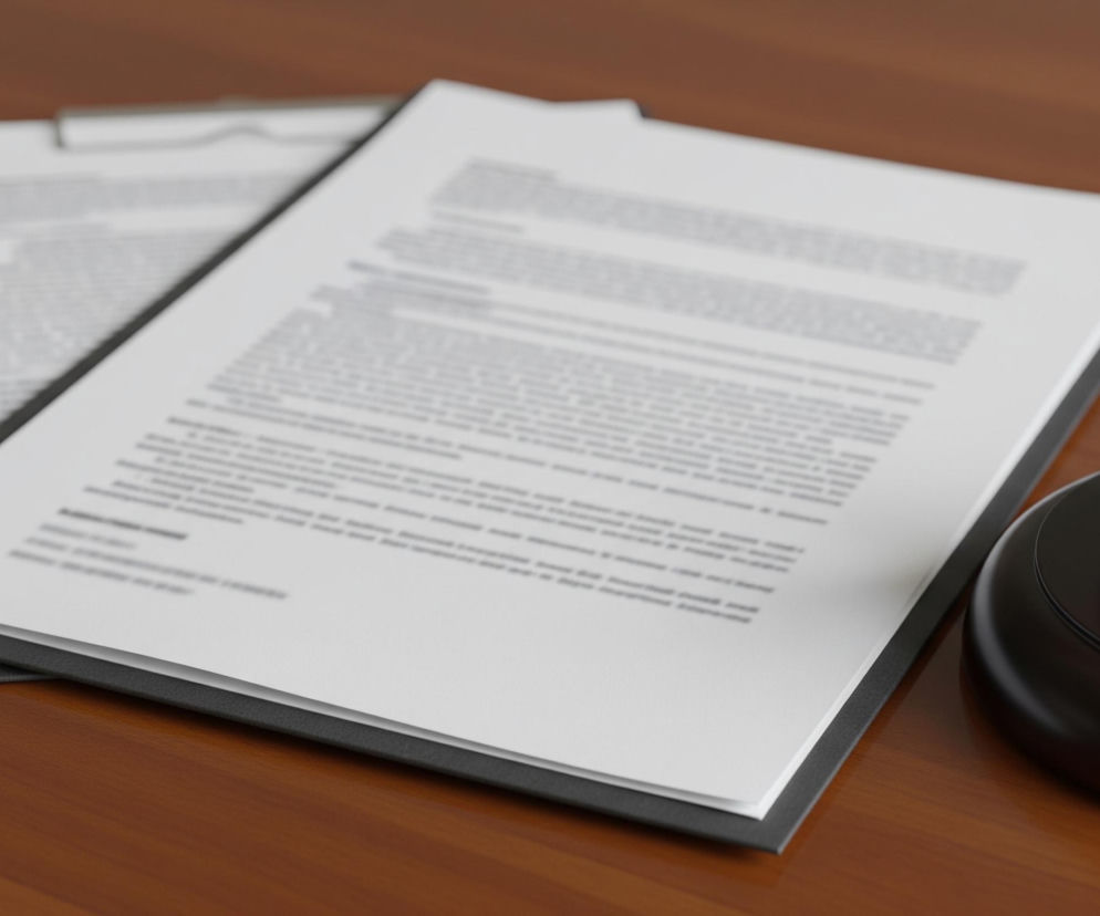 Na drewnianym, brązowym blacie stołu leży stos białych dokumentów w czarnych teczkach, z których wystają górne rogi kartek. Tekst na kartkach jest rozmazany, nieczytelny. Po prawej stronie, na blacie, leży drewniany młotek sędziowski z mosiężnym pierścieniem. Obraz jest oświetlony od góry, tworząc subtelne cienie pod obiektami.