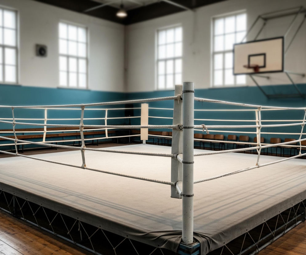 Na pierwszym planie znajduje się kwadratowy ring bokserski z szarą matą i białymi linami opartymi na białych słupkach, z jednym słupkiem w tle po prawej stronie w kolorze niebieskim. Ring ma metalową konstrukcję pod matą, częściowo zakrytą szarą plandeką, a otoczenie ringu to drewniana podłoga. W tle widoczne są ściany pomalowane na jasny odcień szarości w górnej części i turkusowy w dolnej, z kilkoma wysokimi, prostokątnymi oknami z białymi ramami, przez które wpada rozproszone światło. Po prawej stronie w oddali znajduje się tablica do koszykówki z czerwoną obręczą.