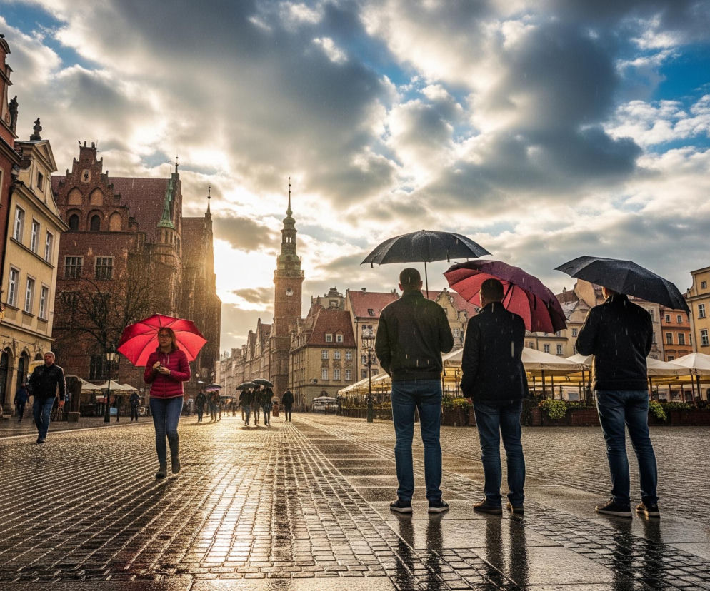Szeroka perspektywa ukazuje brukowany plac miasta w deszczowy dzień, z licznymi ludźmi chroniącymi się pod parasolami. Po lewej stronie widać szereg kamienic o bogato zdobionych fasadach w odcieniach czerwieni i beżu, zaś w tle, centralnie, wznosi się smukła wieża zegarowa, której szczyt jest oświetlony promieniami słońca przebijającymi się przez zachmurzone niebo. Na pierwszym planie, z tyłu, stoją trzy osoby z parasolami, a ich sylwetki i parasole odbijają się w mokrej nawierzchni placu. Droga ciągnie się w głąb obrazu, gdzie w oddali widać więcej ludzi i zarys kolejnych budynków.