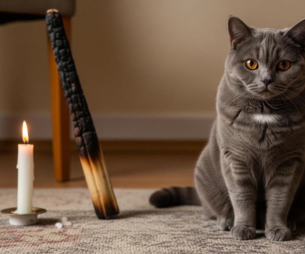 Szary kot z bursztynowymi oczami siedzi na wzorzystym dywanie, patrząc prosto na wprost. Po jego lewej stronie pali się biała świeca w złotym świeczniku, a obok niej leży czarny, zwęglony kawałek drewna. Tło stanowią beżowe ściany i fragmenty drewnianych mebli.