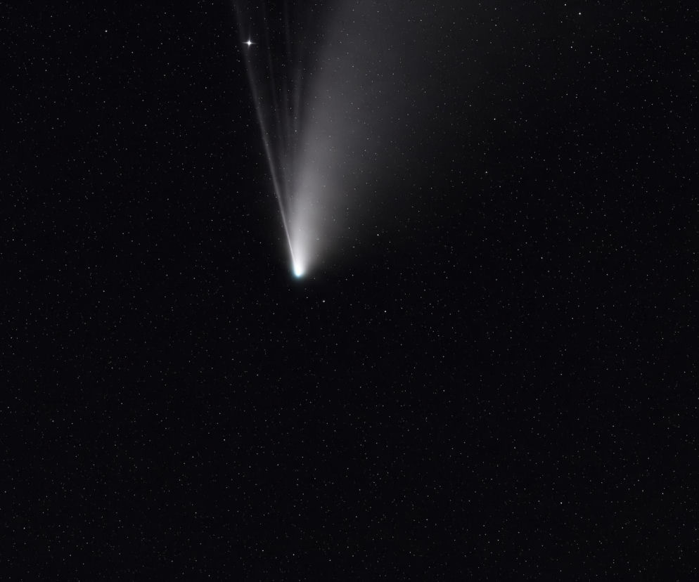 Na czarnym tle rozgwieżdżonego nieba widoczna jest kometa. Jasne, biało-niebieskie jądro komety znajduje się w dolnej części kadru, z wyraźnym, smukłym warkoczem rozciągającym się ukośnie w górę, w lewo. Warkocz rozszerza się i blednie ku górze, stając się bardziej rozproszony. Niebo jest usiane mnóstwem drobnych, białych punkcików, przedstawiających gwiazdy. Niektóre gwiazdy, w tym jedna wyraźniejsza, jaśniejsza gwiazda w lewej górnej części warkocza komety, mają delikatne krzyżowe odblaski.