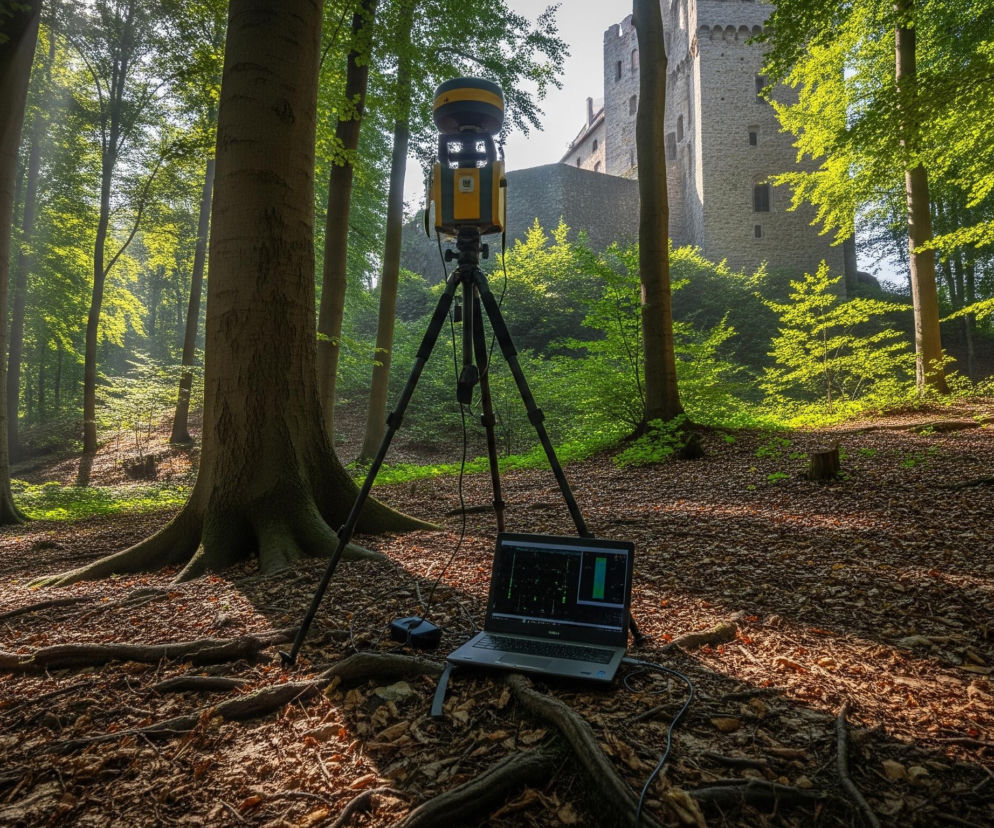 Skaner laserowy, w kolorach żółto-czarnym, jest zamontowany na czarnym statywie i stoi na pokrytym liśćmi runie leśnym. Obok statywu leży otwarty laptop, podłączony do skanera za pomocą kabla, a na jego ekranie widoczne są wykresy i dane. W tle, częściowo zasłonięty drzewami z jasnozielonymi liśćmi, wznosi się kamienny zamek z wieżami i blankami. Cała scena jest oświetlona promieniami słońca przenikającymi przez korony drzew, tworząc jasne plamy na liściach i runie leśnym.
