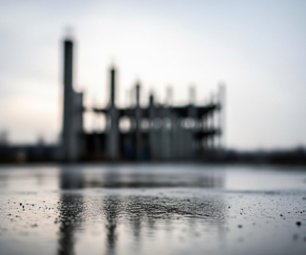 Nawierzchnia jest mokra i pokryta drobnymi, ciemnymi granulkami, które odbijają światło, tworząc refleksy. W tle, całkowicie rozmyty i nieostry, rysuje się zarys wysokiego budynku w trakcie budowy. Konstrukcja składa się z pionowych słupów i poziomych belek, a za nią widać kolejne, ciemne, rozmazane elementy krajobrazu oraz jasne, niemal białe niebo.