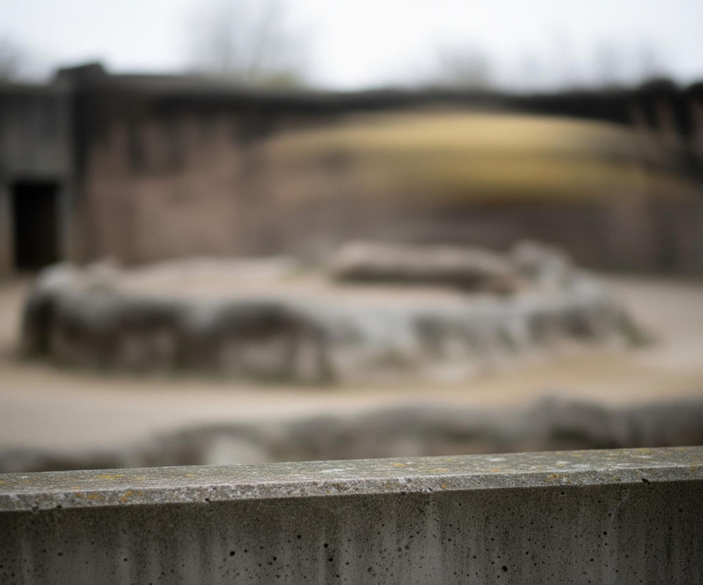 Na pierwszym planie widoczny jest szary, betonowy mur, lekko zabrudzony zielono-żółtymi plamami przypominającymi mech lub porosty. Tło jest całkowicie rozmyte, ale zarysowują się na nim ciemniejsze, ziemiste kształty budowli oraz jaśniejszy, piaszczysty teren z kilkoma kamiennymi elementami ułożonymi w okrągły wzór. W tle po lewej stronie majaczy ciemna wnęka, a nad całym obszarem rozciąga się jasne, rozmyte niebo.
