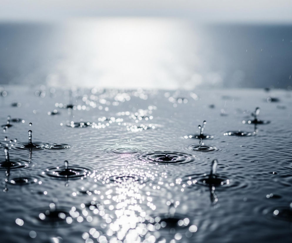 Woda, pokrywająca całą szerokość pierwszego planu, jest ciemnoniebieska z widocznymi licznymi kroplami deszczu uderzającymi w jej powierzchnię. Wiele kropel tworzy małe, pulsujące kręgi i odbicia świetlne, a niektóre krople unoszą się na chwilę, tworząc małe słupy wody. W tle znajduje się jasny obszar, prawdopodobnie odbicie słońca lub innego źródła światła, rozświetlający część horyzontu i tworzący lśniącą smugę na powierzchni wody.