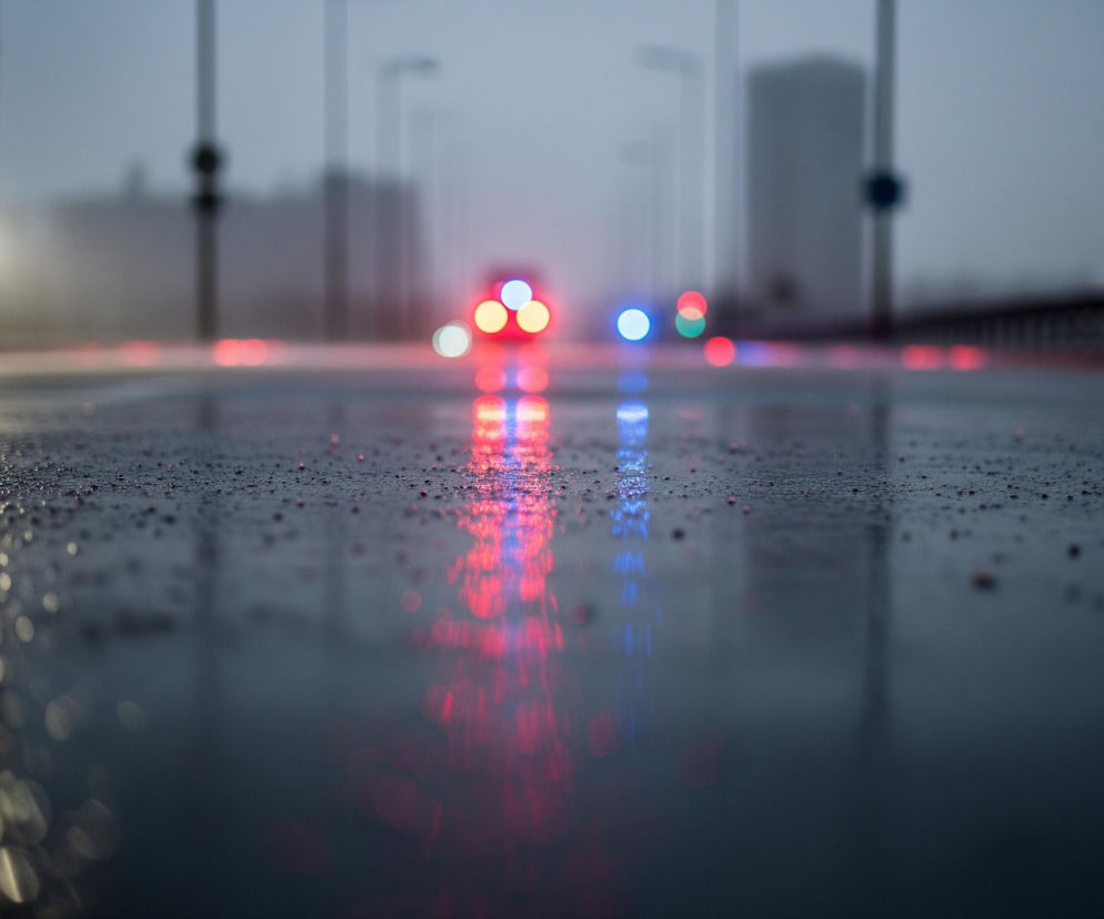 Droga pokryta jest drobnymi kroplami deszczu, które odbijają światło, tworząc efekt brokatu na pierwszym planie. W oddali, w rozmazanym tle, widoczne są światła samochodów: czerwone, niebieskie i żółte, których refleksy rozciągają się pionowo na mokrej nawierzchni. Po obu stronach drogi, w zamglonym krajobrazie miejskim, stoją niewyraźne, ciemne budynki i latarnie uliczne, z jednym jasnym, białym światłem po lewej stronie.