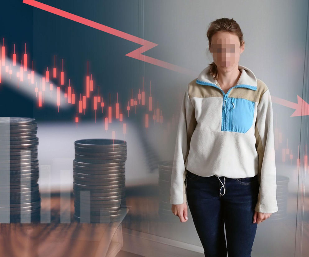 Kobieta z zasłoniętą twarzą na tle spadkowych wykresów giełdowych i monet. O utracie 650 tysięcy złotych przeczytasz na SE.
