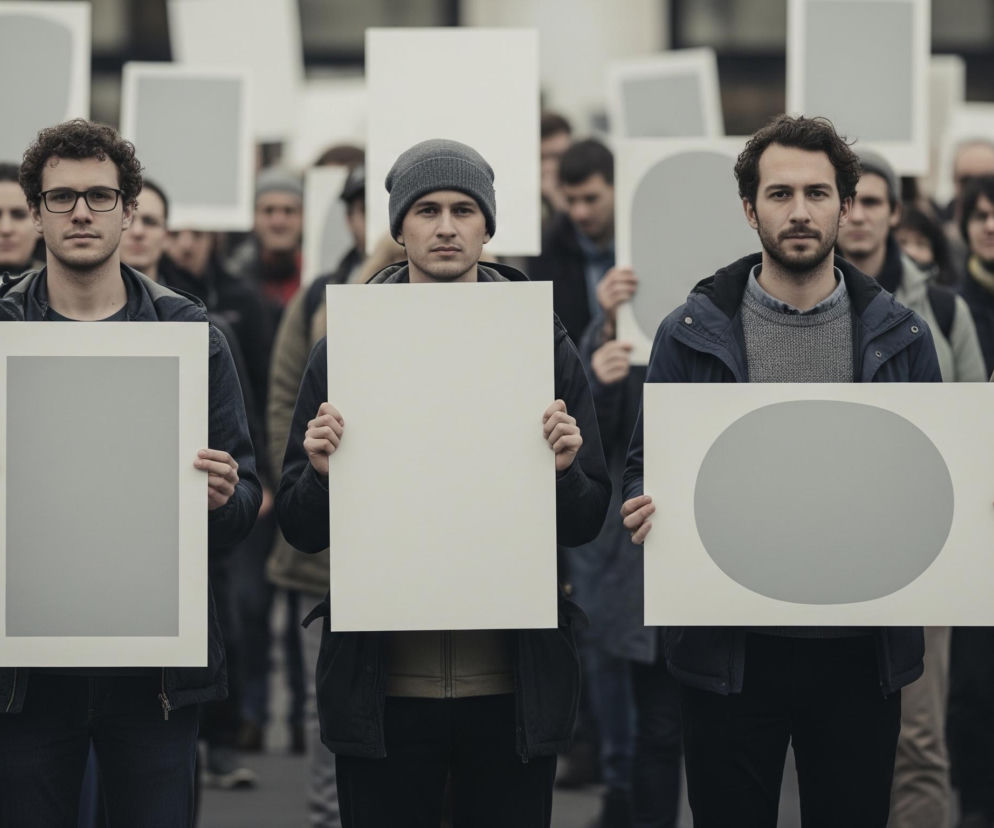 Grupa ludzi zgromadzonych na zewnątrz, prawdopodobnie podczas protestu lub demonstracji. W pierwszym planie widoczni są czterej mężczyźni, każdy trzymający w dłoniach kartonową tablicę. Tablice mają neutralny, jasnoszary lub biały kolor, a na niektórych z nich widoczne są szare kształty: na jednej prostokąt, a na drugiej owal.

Mężczyźni w pierwszym planie ubrani są w swetry, kurtki i czapki, co sugeruje chłodniejszą pogodę; jeden z nich ma okulary. Tłum rozciąga się w głąb obrazu, a twarze osób w tle są mniej wyraźne, rozmyte, również trzymające podobne tablice. Ogólna kolorystyka zdjęcia jest stonowana, dominują odcienie szarości, bieli i ciemnych ubrań.
