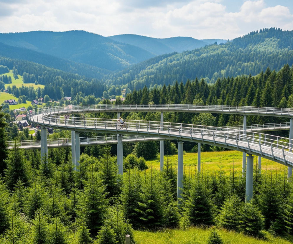 Nowoczesny, kręty deptak lub ścieżka rowerowa wznosi się spiralnie nad zielonym, górzystym terenem, wsparta na szeregu grubych, szarych kolumn. Na jasnoszarym trakcie z białymi barierkami znajduje się jedna osoba jadąca na rowerze, widoczna w górnej części obrazu. Cała konstrukcja otoczona jest gęstym lasem iglastym w odcieniach zieleni, z otwartymi, trawiastymi polanami widocznymi między drzewami i poniżej deptaka, a w tle widać ciemniejsze, zalesione pasma górskie i błękitne niebo z białymi chmurami.