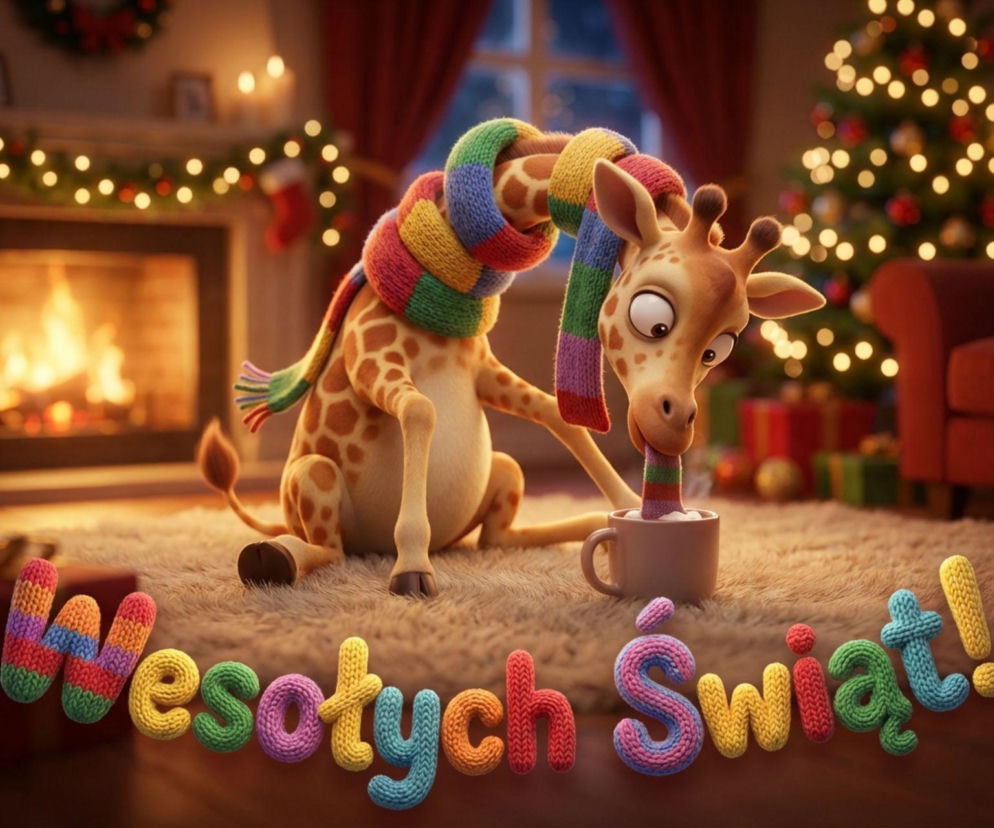 Niezdarna świąteczna żyrafa pijąca czekoladę