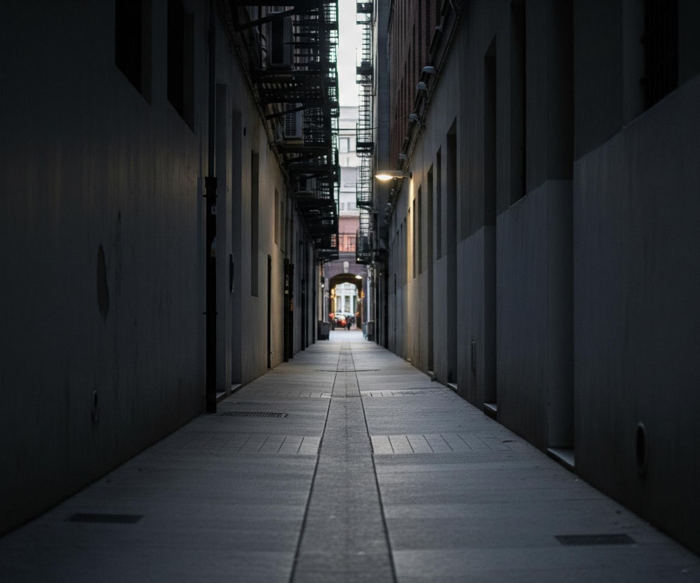Długi, wąski zaułek rozciąga się w głąb obrazu, ograniczony po obu stronach wysokimi, ciemnymi ścianami budynków. Ściany po lewej stronie są jaśniejsze, w odcieniach szarości, z kilkoma prostokątnymi wnękami, podczas gdy te po prawej są ciemniejsze, prawie czarne, z nieregularnymi, pionowymi zagłębieniami. Na obu ścianach widać drobne elementy architektoniczne i rury.

W oddali, w centrum kompozycji, znajduje się łukowate przejście, z którego wyłania się jasne światło, wskazujące na wyjście z zaułka. Na jego końcu widać również słabo zarysowane kształty, sugerujące obecność innych budynków i być może pojedynczych osób. Nad jedną ze ścian, bliżej centrum, świeci pojedyncza lampa uliczna, rzucając jasną poświatę na fragment ściany i chodnika.

Chodnik wykonany jest z prostokątnych płyt o szarym odcieniu, które tworzą wyraźną linię prowadzącą wzrok w głąb zaułka. Cały obraz utrzymany jest w stonowanych, ciemnych barwach, co nadaje mu tajemniczy i nieco ponury nastrój.