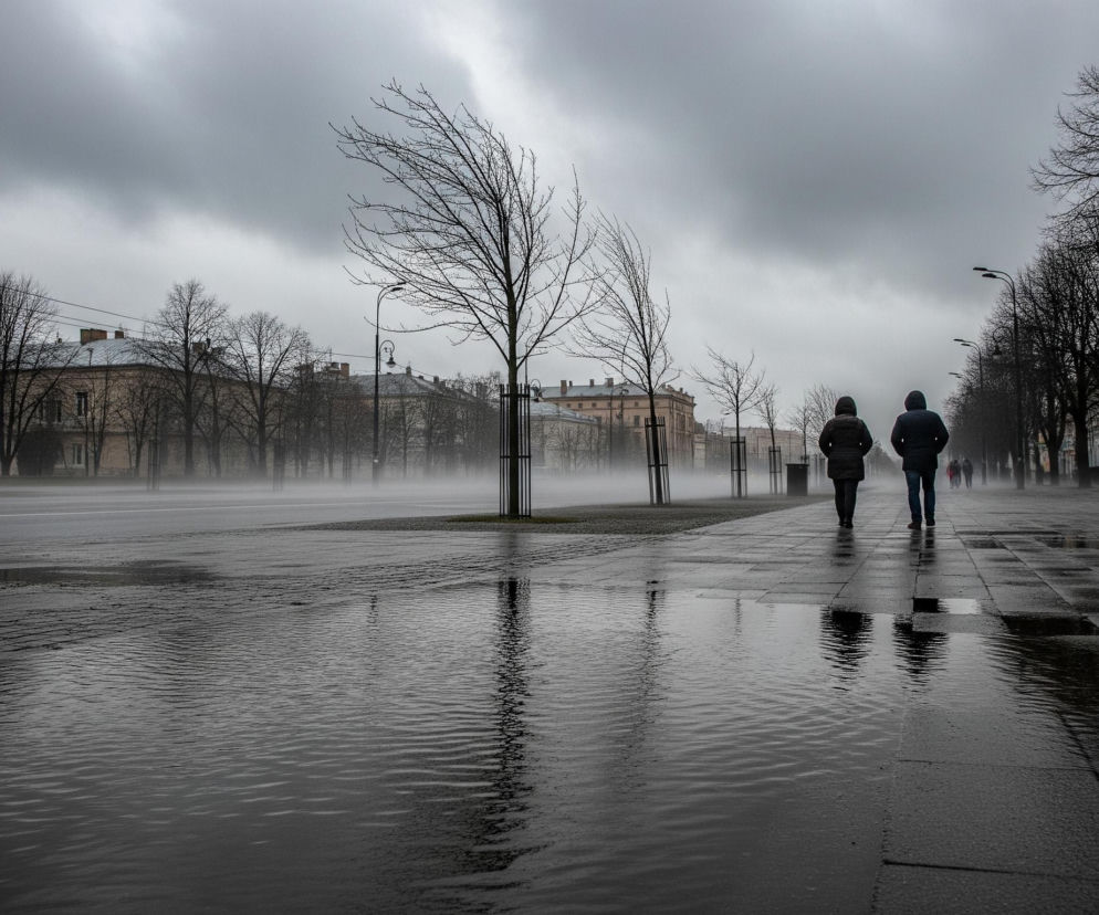 Dwoje ludzi idzie odwróconych plecami do obserwatora po mokrym chodniku wzdłuż ulicy, gdzie widać nagie drzewa, latarnie uliczne i budynki. Chodnik jest pokryty kałużami, w których odbija się sylwetka ludzi i pofalowana powierzchnia wody. Po lewej stronie, w oddali, widać samochody jadące przez mgłę lub silny deszcz, a cały krajobraz jest zdominowany przez szare, zachmurzone niebo, tworzące ponurą atmosferę.