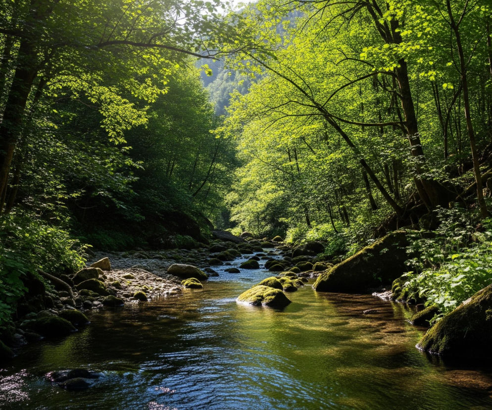 Jasnozielony, płytki strumień płynie przez gęsty, liściasty las, usłany licznymi, pokrytymi mchem kamieniami. Po obu stronach strumienia zbocza są zalesione, a drzewa mają żywe, świeże zielone liście, z których część jest mocno oświetlona promieniami słońca padającymi z górnego centrum kadru. Woda mieni się pod wpływem światła, ukazując dno usiane kamieniami, a odcienie zieleni na liściach przechodzą od jasnych, niemal seledynowych, do głębokich, ciemnych tonów w zacienionych obszarach po lewej stronie.