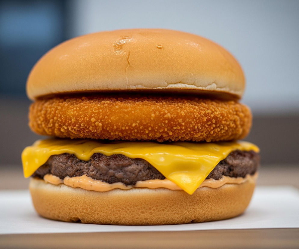 Duży burger, ułożony z sześciu warstw, zajmuje centralną część obrazu. U góry znajduje się puszysta, złocisto-brązowa bułka, pod którą leży okrągły, chrupiący placek w intensywnym pomarańczowym kolorze. Poniżej znajduje się gruby, ciemnobrązowy kotlet, pokryty spływającym, jasnożółtym serem cheddar, a pod nim widoczne są ślady różowego sosu, wszystko spoczywa na dolnej, złocistej bułce. Burger jest umieszczony na białym papierze, a w tle widać rozmyte, niebieskawo-szare tło.