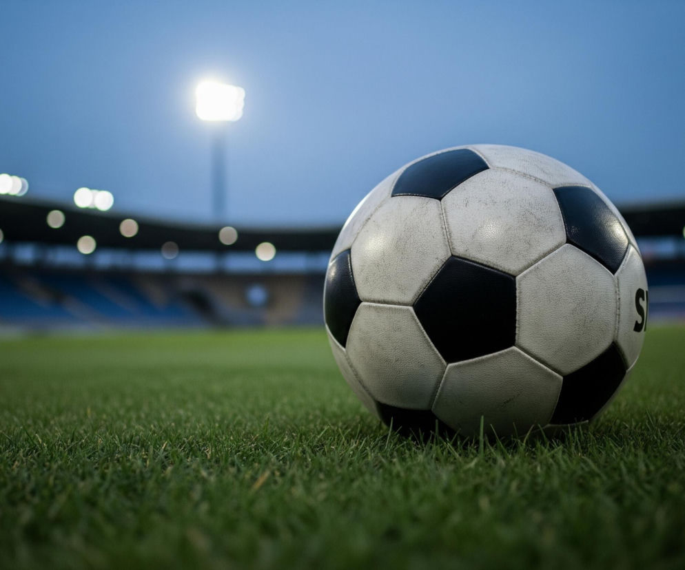 Piłka do piłki nożnej leży na zielonej trawie boiska sportowego. Jest czarno-biała, z licznymi wytarciami i plamami na białych panelach, oraz widoczną literą S na jednym z nich, sugerującą logo. Trawa w pierwszym planie jest wyraźna i gęsta, podczas gdy w tle rozciąga się stadion z niebieskimi trybunami, oświetlony przez jasne reflektory, które tworzą smugi światła na tle granatowego nieba.