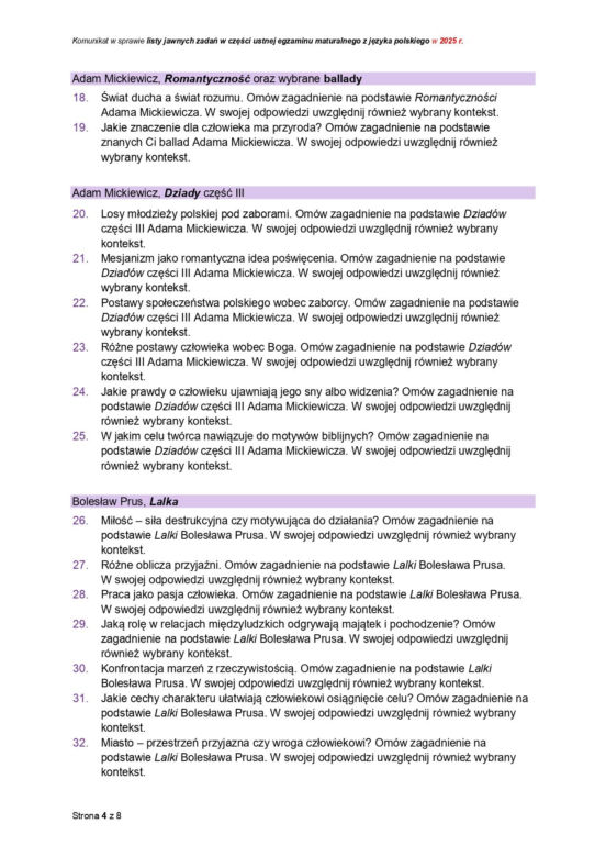 Matura 2025 - pytania jawne język polski część ustna