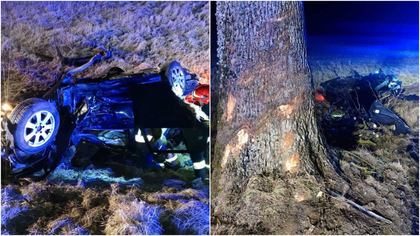 Nocna makabra pod Kętrzynem! Mężczyzna zginął w zmiażdżonym mercedesie [ZDJĘCIA]