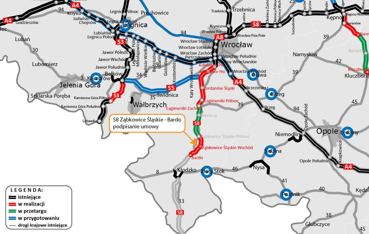 Ekspresowa S8 z Wrocławia do Kłodzka. Podpisano umowę na budowę kolejnego odcinka drogi 