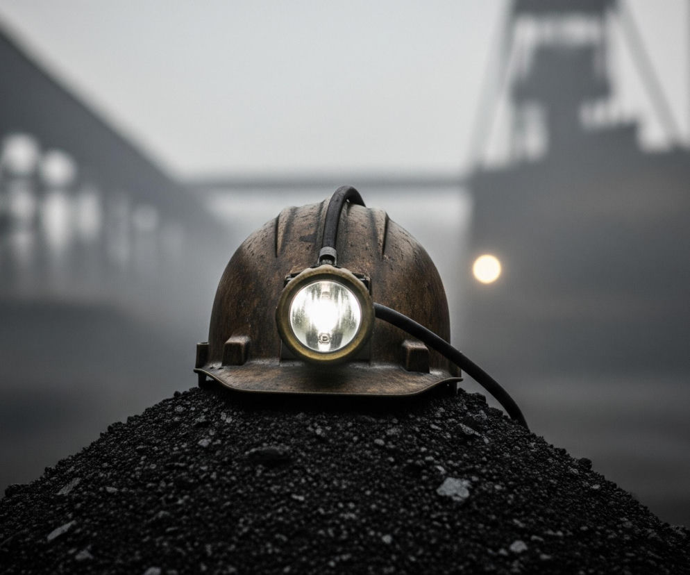 Miedziany kask górniczy z włączoną lampą czołową spoczywa na stosie czarnego węgla, dominując centrum kadru. Od kasku do lewej strony wychodzi czarny kabel. Tło jest rozmyte i ukazuje szarą, mglistą przestrzeń z niewyraźnymi, ciemniejszymi konstrukcjami przemysłowymi, w tym fragmentem długiego, ukośnego elementu po lewej oraz wysoką, wieżową strukturą po prawej, na której widoczne są dwa jasne, rozmazane punkty światła.