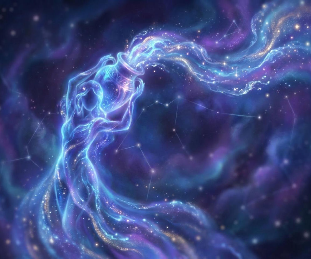 Stylizowana grafika przedstawiająca znak zodiaku Wodnik jako eteryczną postać w kosmicznej przestrzeni, wylewającą strumień światła i gwiazd z dzbana, symbolizującą kreatywność i przypływ energii, o czym możesz przeczytać na naszym portalu.