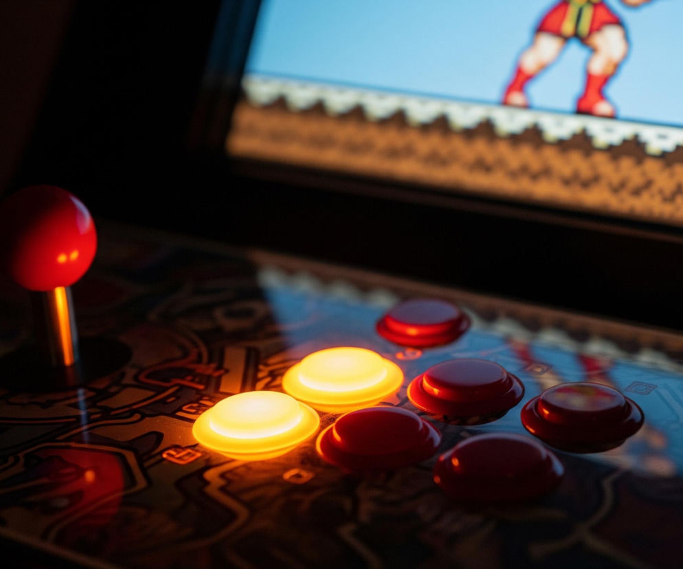 Zbliżenie na panel sterowania i fragment ekranu automatu do gier zręcznościowych. Na pierwszym planie, po lewej stronie, znajduje się czerwony joystick z kulistą gałką, a obok niego widoczne są przyciski. Dwa z nich są jasnożółte i świecące, a pozostałe pięć to matowe, ciemnoczerwone okręgi. Powierzchnia panelu sterowania, pod przyciskami, ma ciemny wzór z jaśniejszymi, stylizowanymi liniami i kształtami. W tle, u góry obrazu, widać fragment ekranu, na którym wyświetla się pikselowa grafika przedstawiająca postać w czerwonych butach i szortach na brązowym podłożu, pod jasnoniebieskim niebem. Oświetlenie jest słabe, tworząc kontrast między świecącymi elementami a ciemnym otoczeniem.